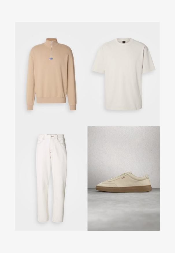 Beige zip-up sweatshirt met een hoge kraag, lange mouwen en een blauw logo patch. Zachte stof met geribde manchetten en zoom.; Korte mouwen, ronde hals t-shirt in off-wit katoen, met een rechte snit en minimale merkvermelding op de hals. Zachte textuur, geen patronen.; Witte denim jeans met een rechte pasvorm, voorzien van gestikte naden, een metalen knoopsluiting en een standaard vijf-pocket constructie.; Lichtbeige suède sneaker met een zool van gumrubber, opvallende veters en subtiele stikdetails. Strak ontwerp met een minimalistische uitstraling.