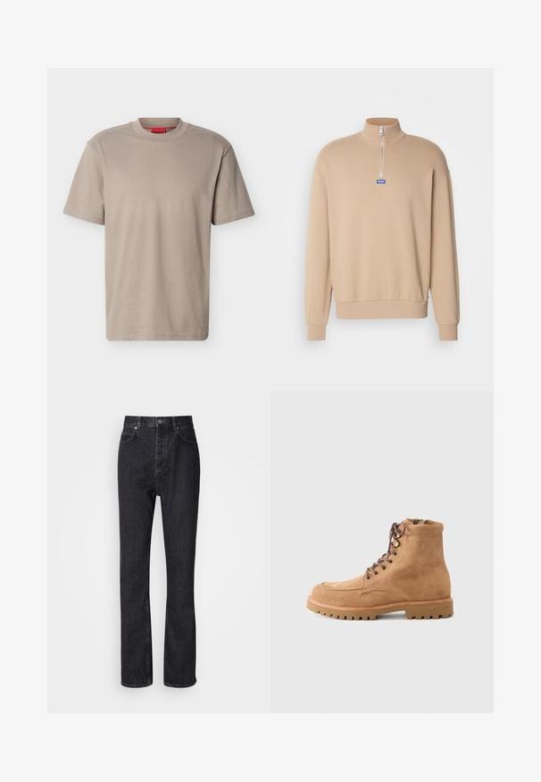 Beige ζιβάγκο φούτερ με φερμουάρ, ψηλό γιακά, μακριά μανίκια και μπλε λογότυπο. Μαλακό ύφασμα με ριμπ μανσέτες και τελείωμα.; Μπεζ κοντομάνικο μπλουζάκι με στρογγυλή λαιμόκοψη, με διακριτικό ανάγλυφο λογότυπο "HUGO" στο στήθος και κόκκινη ετικέτα στην εσωτερική πλευρά της λαιμόκοψης.; Μαύρα τζιν παντελόνια με ψηλή μέση, κλείσιμο με κουμπί και φερμουάρ, μπροστινές και πίσω τσέπες, και ίσια γραμμή.; Καφέ σουέτ μπότες μέχρι τον αστράγαλο με στρογγυλές μύτες, κορδόνια με οπές, ανθεκτικές σόλες και υφή. Χαρακτηρίζονται από ασημί μεταλλικά στοιχεία.