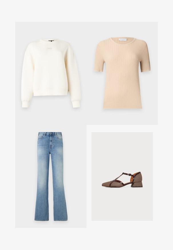 Sweat-shirt couleur crème en tissu doux, avec un col rond, des épaules tombantes et des détails simples cousus sur les poignets et l'ourlet.; Haut en maille côtelé beige à manches courtes, col rond, coupe ajustée et étiquette "Tiger of Sweden" visible à l'intérieur du col.; Jean denim bleu clair taille haute avec bouton et fermeture éclair devant, cinq poches, jambes légèrement évasées et légère décoloration au niveau des cuisses.; Chaussure marron à talon bas avec des pois, bride en T et boucle latérale sur un fond blanc uni.