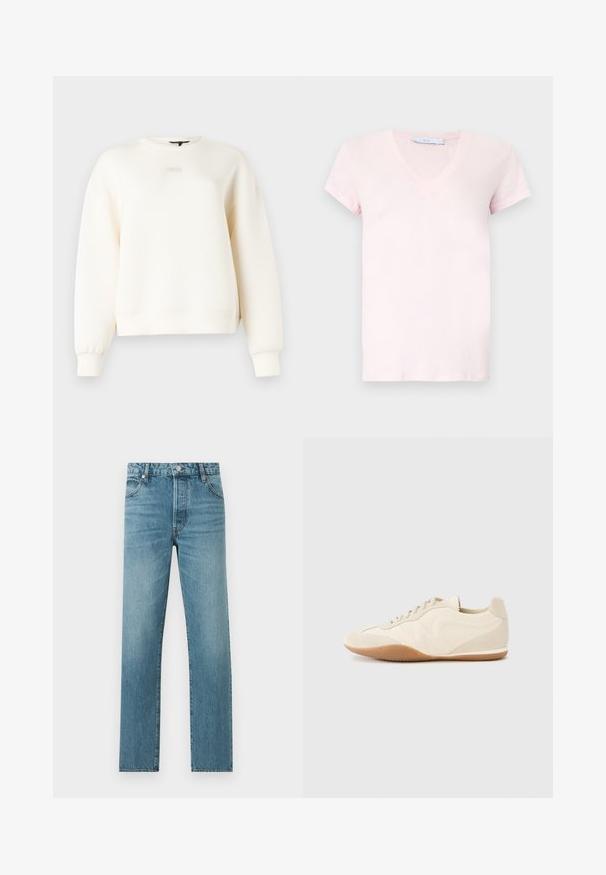 Sweat-shirt couleur crème en tissu doux, avec un col rond, des épaules tombantes et des détails simples cousus sur les poignets et l'ourlet.; T-shirt à manches courtes avec col en V, de couleur rose clair. Confectionné dans un tissu doux à la texture lisse. Design minimaliste, sans motifs ni détails supplémentaires.; Jean en denim bleu à jambes droites avec poches avant, fermeture par bouton et passants pour ceinture, présenté à plat sur un fond clair.; Baskets beige clair avec une tige en cuir texturé, des panneaux latéraux texturés et une semelle en caoutchouc. Dotées d'un design fin et épuré ainsi que de lacets plats.