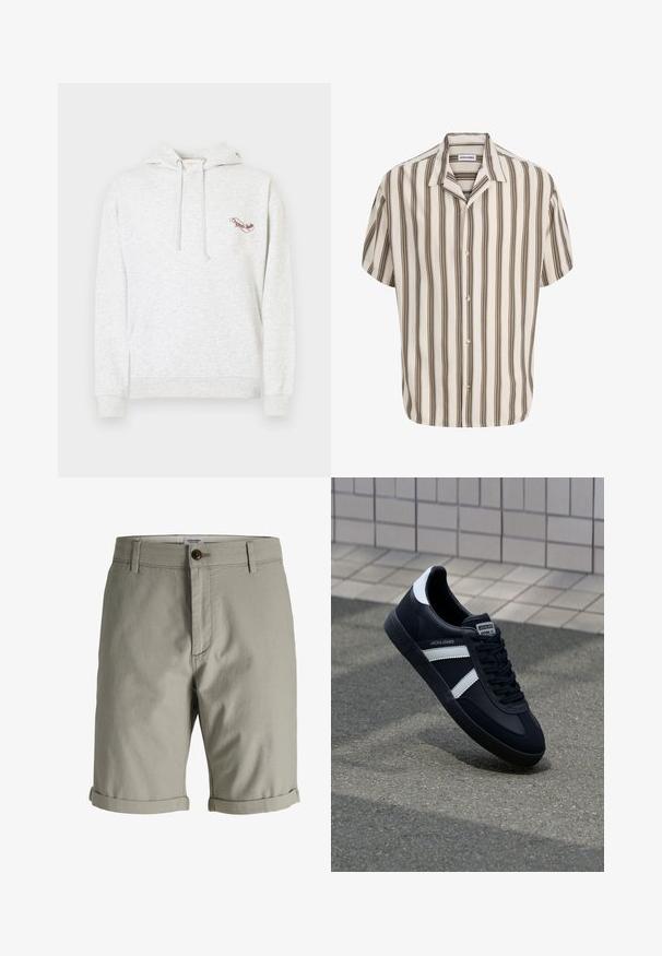 Sweat à capuche en coton gris avec une poche kangourou, une capuche à cordon de serrage et un logo brodé sur la poitrine. Texture douce, design décontracté et poignets côtelés.; Chemise à manches courtes à boutons avec des rayures verticales beige et marron et un col de style camp, étiquetée JACK & JONES.; Short pour homme de couleur kaki clair avec fermeture à bouton et à glissière, passants pour ceinture et ourlets retroussés, présenté sur un fond blanc uni.; Sneaker en cuir noir avec des rayures blanches, semelle en caoutchouc texturée et devant à lacets. Présente une étiquette de marque sur la languette.