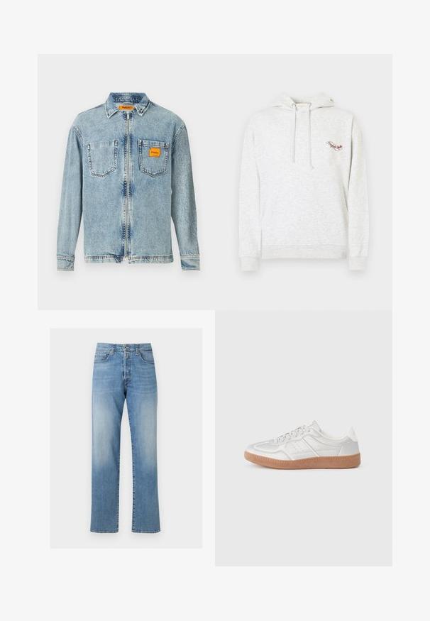 Hall hall puuvillane kapuutsiga dressipluus, millel on kenguru tasku, nööriga kapuuts ja rinnal tikitud logo. Pehme tekstuur, vabaaja disain ja soonilised mansetid.; Helefrontse lukuga helesinine denim jakker, kahe rindkere taskuga ja väikese oranži Replay Inc. etiketi avaga paremas taskus ja kraes.; Hele sinised sirgete säärtega teksapüksid kõrge vöökohaga, ees nuppu ja tõmblukuga sulgemise ja viie tasku stiiliga.; Hõbedased tennised, millel on sile tekstuur, nööridega disain, perforatsioonidega aktsendid ning kootud pruun kummitald.