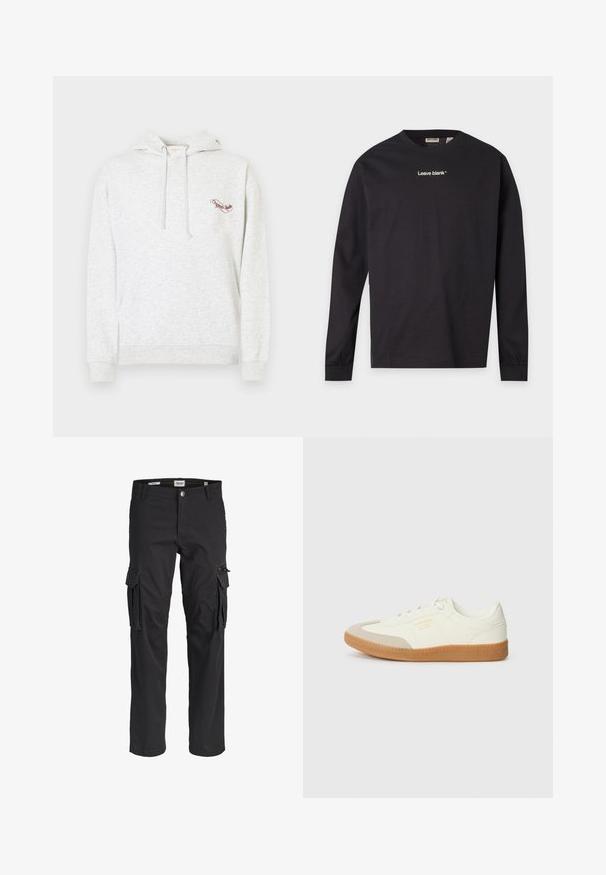 Γκρι βαμβακερό φούτερ με τσέπη καγκουρό, κουκούλα με κορδόνι και κεντημένο λογότυπο στο στήθος. Μαλακή υφή, καθημερινό σχέδιο και ριμπ μανσέτες.; Μαύρο μακρυμάνικο μπλουζάκι με στρογγυλή λαιμόκοψη και λευκό κείμενο "Leave blank" στο κέντρο του στήθους, εμφανιζόμενο σε απλό ανοιχτό γκρι φόντο.; Μαύροι παντελόνια cargo με κλείσιμο μπροστά με κουμπί και φερμουάρ, θηλιές για ζώνη, δύο πλαϊνές τσέπες με καπάκια και φερμουάρ, και ίσια μπατζάκια.; Αθλητικά παπούτσια από λευκό δέρμα με μπεζ κάλυμμα δαχτύλων και ανοιχτό καφέ καουτσούκ σόλα. Έχουν επίπεδες λευκές κορδόνες και ανάγλυφο λογότυπο στο πλάι.