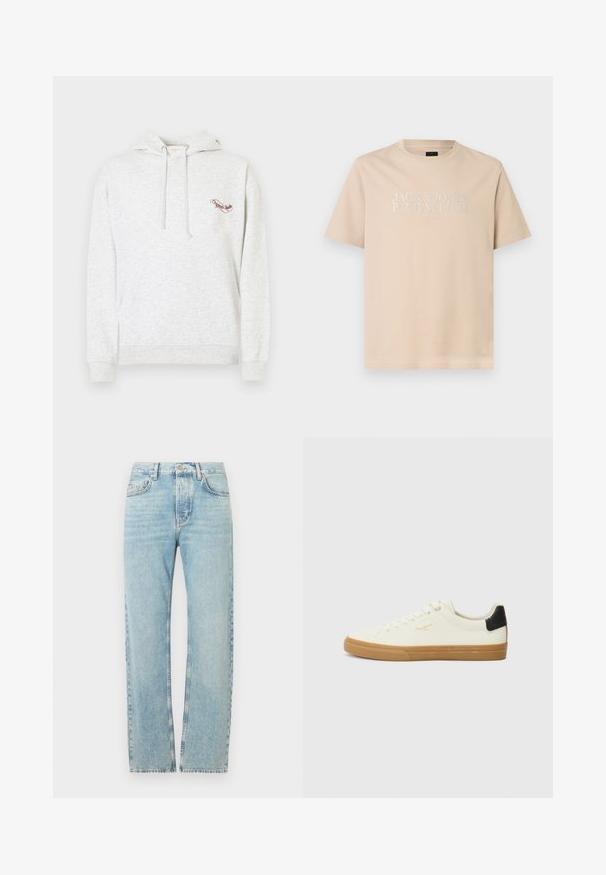 Sweat à capuche en coton gris avec une poche kangourou, une capuche à cordon de serrage et un logo brodé sur la poitrine. Texture douce, design décontracté et poignets côtelés.; T-shirt beige à manches courtes et col rond avec le texte blanc "JACK & JONES PREMIUM EST. 1990" centré sur la poitrine.; Jean en denim bleu clair avec une coupe droite, doté d'une taille classique, de cinq poches et d'un léger effet délavé sur le tissu.; Sneaker en toile blanche avec une semelle en gomme, accent au talon noir, bout rond et design à lacets. Présente le logo de la marque en doré sur le côté.