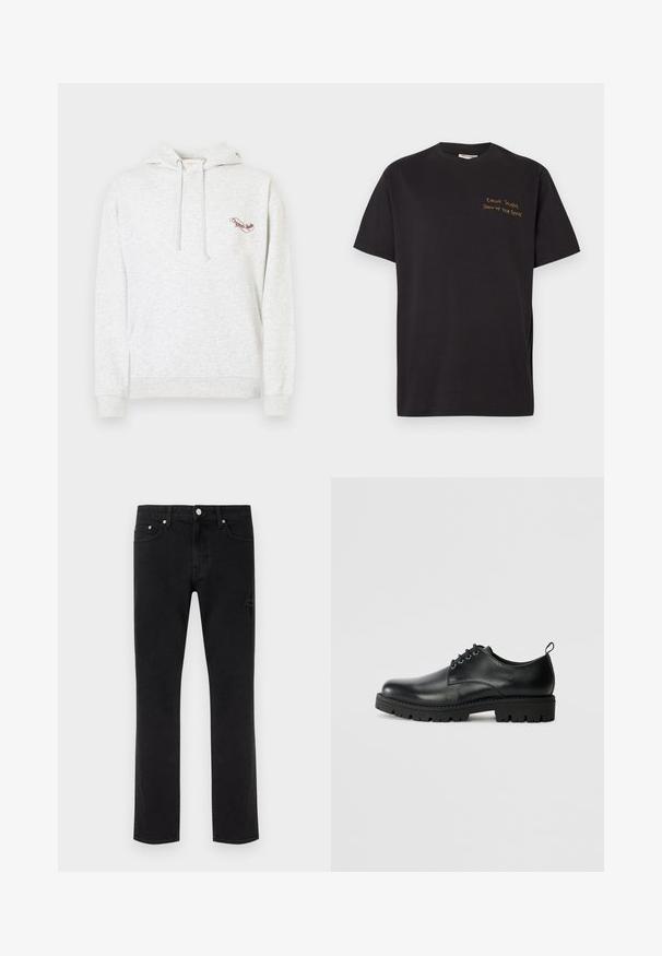Sweat à capuche en coton gris avec une poche kangourou, une capuche à cordon de serrage et un logo brodé sur la poitrine. Texture douce, design décontracté et poignets côtelés.; T-shirt en coton noir à manches courtes, avec un texte brodé orange : "Assez parlé, montre-moi ta playlist" sur la poitrine.; Jeans noirs à jambes droites avec cinq poches et des détails délicatement usés sur un fond clair uni.; Chaussure en cuir noir à bout arrondi, présentant un design à lacets, une semelle en caoutchouc noire robuste et un petit onglet de talon à l'arrière.
