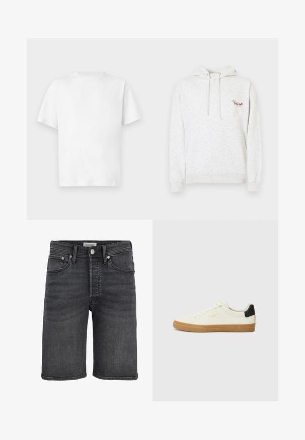 Gray cotton hoodie with a kangaroo pocket, drawstring hood, and embroidered logo on the chest. Soft texture, casual design, and ribbed cuffs.; Plain white short-sleeve cotton t-shirt with crew neckline, displayed flat against a neutral background.; Black denim shorts with a button and zip fly, front and back pockets, straight cut, and visible stitching.; White canvas sneaker with a gum sole, black heel accent, round toe, and lace-up design. Features brand logo in gold on the side.