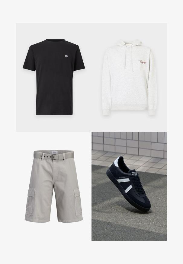 Sweat à capuche en coton gris avec une poche kangourou, une capuche à cordon de serrage et un logo brodé sur la poitrine. Texture douce, design décontracté et poignets côtelés.; T-shirt noir à manches courtes avec col rond et petit logo blanc "Lee" sur le côté gauche de la poitrine, sur un fond uni.; Short cargo gris clair avec poches latérales à rabat et ceinture en tissu assortie, présenté de face sur fond blanc.; Sneaker en cuir noir avec des rayures blanches, semelle en caoutchouc texturée et devant à lacets. Présente une étiquette de marque sur la languette.
