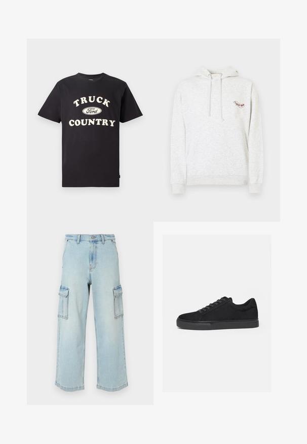 Sudadera con capucha gris de algodón con bolsillo canguro, capucha con cordón y logo bordado en el pecho. Textura suave, diseño informal y puños acanalados.; Camiseta de algodón negro de mangas cortas con el texto "TRUCK COUNTRY" en color crema y un diseño del logo de Ford en el centro.; Pantalones cargo de mezclilla azul claro con piernas anchas, que presentan dos bolsillos laterales, un cierre de botón y una textura ligeramente desgastada.; Zapatilla deportiva negra de corte bajo con cordones delanteros y suela de goma plana, mostrada de lado sobre un fondo blanco.