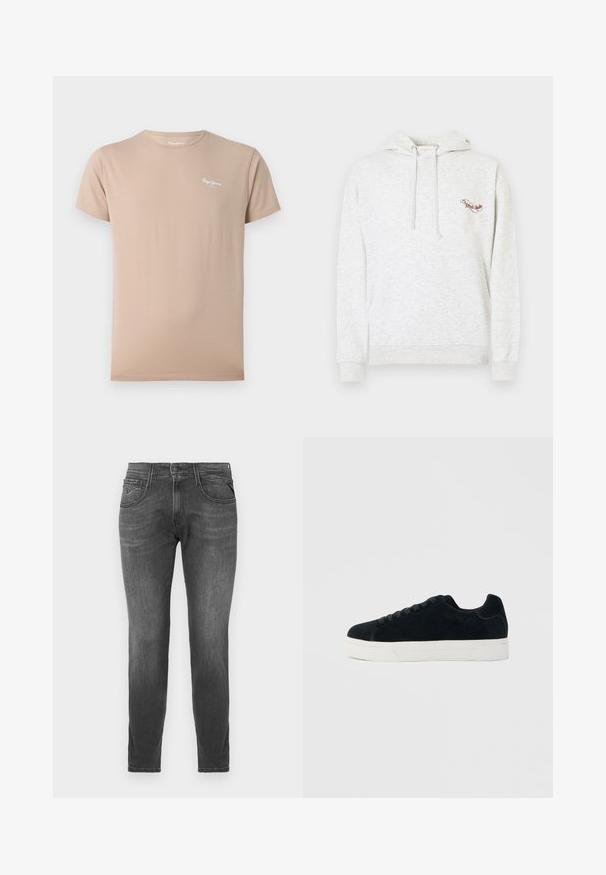 Sweat à capuche en coton gris avec une poche kangourou, une capuche à cordon de serrage et un logo brodé sur la poitrine. Texture douce, design décontracté et poignets côtelés.; T-shirt beige manches courtes à col rond avec petit logo blanc « Pepe Jeans » sur la partie haute gauche de la poitrine.; Jeans slim fit gris foncé avec poches avant, passants de ceinture et fermeture à bouton, présentés sur fond blanc.; Baskets basses en daim noir avec lacets noirs et semelle épaisse en caoutchouc blanc sur fond gris clair.