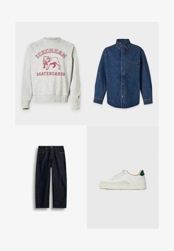 Sweatshirt gris avec un col rond, affichant un graphique de bulldog maroon et le texte "ICECREAM SKATEBOARDS". Comprend une petite icône de glace sur la manche.; Chemise en jean bleu foncé à manches longues, fermeture à boutons, poche poitrine et col classique, présentée sur un fond blanc uni.; Jean en denim bleu foncé à coupe droite avec couture jaune, poches avant et fermeture par bouton à la taille.; Baskets blanches avec des accents en daim, bout arrondi, lacets plats et semelle en caoutchouc crème. Présente une marque verte sur le talon.