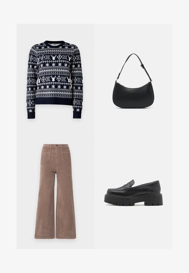 Marineblå striktrøje med hvide snefnug og rensdyrmønstre, rund halsudskæring, lange ærmer og ribkant.; Brune kordfløjs bredbenede bukser med høj talje, der har en knaplukning, to baglommer og lodrette ribbede strukturer.; Sorte læder loafers med en lav, grov gummi sål, syede detaljer på overdelen og en glat overflade.; Pieces PCALUANA SHOULDER BAG - Håndtasker - black