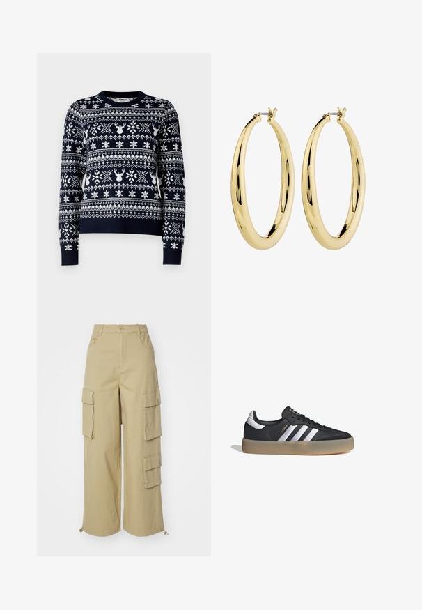 Suéter de punto azul marino con patrones de copos de nieve y renos en blanco, cuello redondo, mangas largas y ribete acanalado.; Pantalones cargo beige con piernas anchas, dos bolsillos laterales grandes, bolsillos frontales y un detalle de cordón en el dobladillo. Tejido de mezcla de algodón.; Zapatilla deportiva de cuero negro con tres rayas plateadas, punta texturizada y suela de goma. Cuenta con un collar acolchado y un diseño con cordones.; Pendientes de aro de oro con un acabado suave y pulido. Forma circular, con un cierre seguro en la parte superior. La superficie refleja la luz.