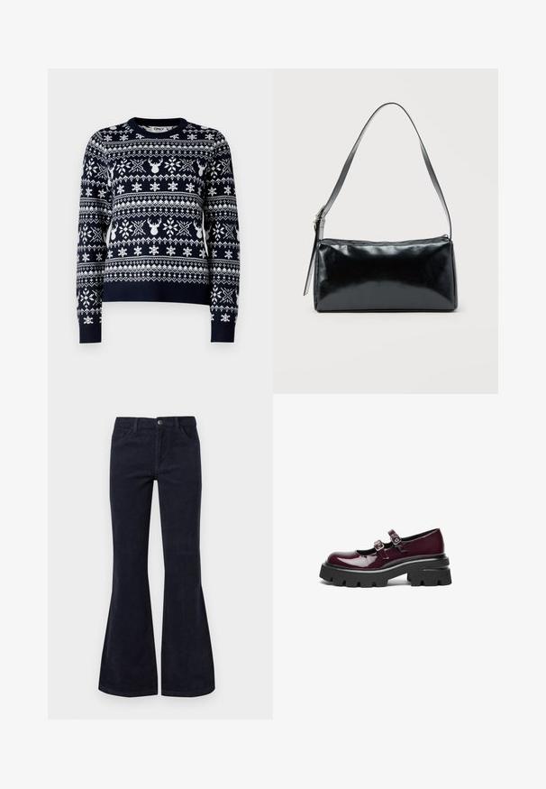 Pull en maille marine avec des flocons de neige blancs et des motifs de rennes, col rond, manches longues et ourlet côtelé.; Un pantalon en velours côtelé bleu foncé évasé qui présente une taille haute, cinq poches et un système de fermeture à boutons, avec une texture douce et un motif en relief.; Chaussures Mary Jane en cuir verni bordeaux avec des brides à double boucle et de grosses semelles en caoutchouc noir dotées de rainures profondes.; Sac d'épaule rectangulaire noir avec une sangle réglable unique et une fermeture éclair supérieure sur un fond uni.