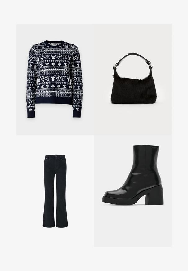 Navy gestrickter Pullover mit weißen Schneeflocken- und Rentiermotiven, Rundhalsausschnitt, langen Ärmeln und geripptem Saum.; Schwarze Corduroy-Bootcut-Hosen mit Knopf- und Reißverschluss, ausgestattet mit zwei vorderen Taschen und einer glatten Textur. Gerade Beinoptik.; Schwarze Stiefeletten mit glänzender Oberfläche, quadratischer Zehenpartie und dicker Blockabsatz. Das Design zeichnet sich durch eine nahtlose Silhouette und minimalistische Markenkennzeichnung aus.; Schwarze Kunstfell-Handtasche mit weicher Textur, runder Form und einem stabilen schwarzen Leder-Schulterriemen. Sichtbare silberne Hardware-Akzente.
