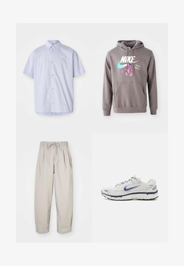 Sudadera gris con un bolsillo frontal, que presenta un gran logo blanco de Nike, un gráfico de un personaje en rosa y acentos en azul claro. Material suave, capucha ajustable.; Camisa de manga corta azul claro hecha de una tela suave, con un diseño de botones y un pequeño logo blanco de Nike en el pecho.; Pantalones ligeros color beige con cintura elástica y cordón de ajuste. Presentan pliegues y un corte holgado, elaborados con una tela suave y lisa.; Nike Sportswear P 6000 - Zapatillas - phantom/obsidian/summit white/white/black/metallic silver
