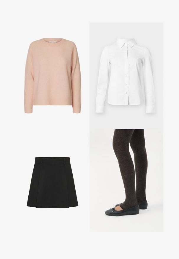 Pull en laine rose clair doux à manches longues, col rond et poignets et ourlet côtelés.; Chemise blanche à manches longues avec boutons, col pointu, ourlet droit et silhouette ajustée, présentée sur un fond clair uni.; Jupe plissée noire avec une taille structurée. Fabriquée à partir d'un tissu texturé, elle présente des plis distincts et un ourlet droit.; Jambes portant des leggings côtelés foncés associés à des ballerines noires avec de petits détails en nœud sur fond blanc.