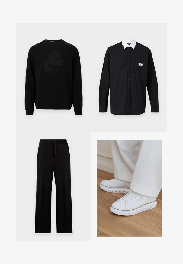 Sort sweatshirt med rund halsudskæring, prydet med et hævet sort silhuetdesign på forsiden, lavet af et blødt, struktureret stof.; Sort langærmet skjorte med knapper, med kontrasterende hvid krave og brystlomme med hvid solbrillelogo og teksten "KARL LAGERFELD".; Sorte bukser med lige ben, elastisk talje og snøre, med lodrette sømdetaljer på forsiden.; Hvide lave sneakers med unikke udskårne såler båret med lystfarvede bukser på et trægulv.