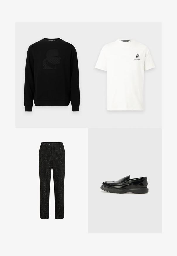 Zwarte sweatshirt met een ronde halslijn, voorzien van een verhoogd zwart silhouet ontwerp aan de voorkant, gemaakt van een zachte, gestructureerde stof.; Wit T-shirt met korte mouwen, voorzien van een klein zwart palmboomlogo en de tekst "KARL LAGERFELD" op de linkerborst, ronde halslijn.; Zwarte op maat gemaakte broek met een gestructureerd patroon van dunne verticale witte lijnen, een rechte snit en een knoopsluiting in de taille.; Zwarte leren instapper met een glanzende afwerking, een ronde neus, subtiele stiksels en een dikke rubberen zool voor duurzaamheid.