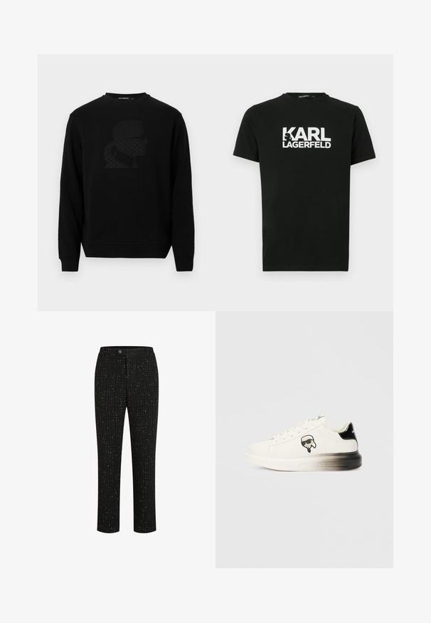 Schwarzer Pullover mit rundem Ausschnitt, ausgestattet mit einem erhabenen schwarzen Silhouetten-Design auf der Vorderseite, aus einem weichen, strukturierten Stoff.; Schwarzes Baumwoll-T-Shirt mit kurzen Ärmeln, versehen mit einem weißen "KARL LAGERFELD"-Logo und einem Silhouetten-Detail. Rundhalsausschnitt.; Schwarze maßgeschneiderte Hose mit einem strukturierten Muster aus dünnen weißen vertikalen Linien, geradem Schnitt und einem Knopfverschluss an der Taille.; Weißer Sneaker mit einem Obermaterial aus glattem Leder, schwarzen Akzenten an der Ferse und einem Cartoon-Logo. Verfügt über eine dicke, leicht transparente Sohle.