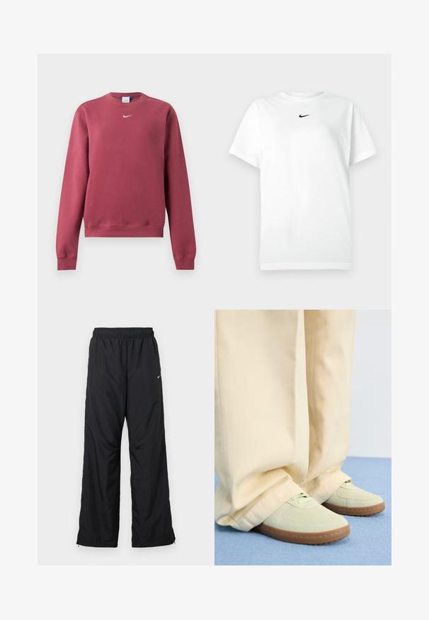 Mikina s dlhým rukávom a okrúhlym výstrihom v tlmenej červenej farbe s rebrovanými manžetami a lemom, s malým bielym logom Nike Swoosh na hrudi.; Biele tričko s krátkym rukávom a okrúhlym výstrihom, na ktorom je malé čierne logo Nike swoosh umiestnené tesne pod výstrihom.; Čierne športové nohavice s elastickým pásom, bočnými vreckami a voľným strihom. Vyrobené z ľahkej, hladkej látky s jemným leskom.; Zelené semišové tenisky s okrúlymi špičkami a textúrovanými podrážkami, v kombinácii so širokými béžovými nohavicami, na modrom povrchu.