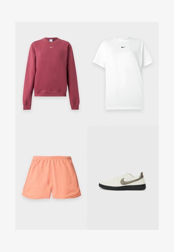 Pikemate varrukatega ümarakaelusega dressipluus tagasihoidlikus punases värvitoonis, soonikkoes mansettide ja alläärega, mis on kaunistatud väikese valge Nike Swoosh logoga rinnal.; Valge lühikeste varrukatega T-särk ümmarguse kaelusega, millel on väikene must Nike'i logoga silt kaeluse all.; Roosa ribaga spordilühikesed püksid elastse vöökoha ja külgõmblustega, mille vasakus alumises nurgas on väike logo.; Nike Sportswear FIELD GENERAL - Tossud - off-white/black