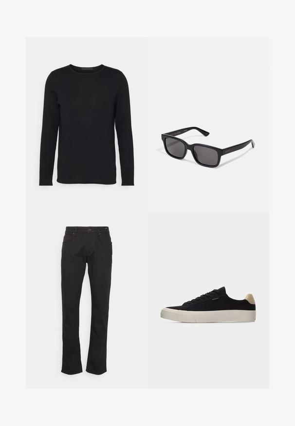 Zwarte langemouwshirt, ronde hals, gemaakt van een zachte stof met een gladde textuur en minimale stikdetails. Klassiek en veelzijdig ontwerp.; JOOP! Jeans MITCH - Straight leg jeans - black; Zwarte lage sneaker met beige hielstuk, dikke witte rubberen zool, zwarte veters en een klein "PS Paul Smith" label aan de zijkant.; Zwarte rechthoekige zonnebril met donkere lenzen. Matte afwerking, gouden branding op de tempeleind en rechte, taps toelopende armen.