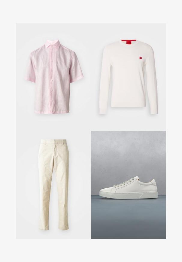 Hvid crewneck sweater med lange ærmer, lavet af blødt stof. Har en lille rød logo-patch på brystet og en kontrasterende rød mærkat ved halsudskæringen.; Kortærmet skjorte med knaplukning i lys pink hør, med klassisk krave og lige snit med subtil tekstur.; Lys beige skræddersyede bukser med et tekstureret mønster, lige pasform og medium høj talje, der har bæltestropper og ingen synlige lommer.; Hvid lædersneaker med rund tå, minimalistisk design, grå snørebånd og en tekstureret grå gummisål. Subtile syningsdetaljer er synlige.