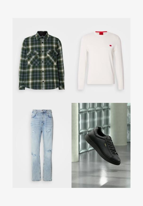 Pull en col rond blanc avec des manches longues, fabriqué en tissu doux. Il présente un petit patch logo rouge sur la poitrine et une étiquette rouge contrastante sur le col.; Chemise en flanelle à motif écossais vert foncé et gris. Présente deux poches poitrine, des boutons noirs et un col classique. Texture douce.; Jean en denim délavé avec une coupe décontractée, présentant des zones déchirées et des bords effilochés. Le tissu a une texture douce et lisse.; Basket BOSS en cuir noir avec lacets flottant en intérieur devant un mur en blocs de verre et un sol en béton.