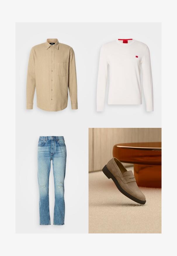 Pull en col rond blanc avec des manches longues, fabriqué en tissu doux. Il présente un petit patch logo rouge sur la poitrine et une étiquette rouge contrastante sur le col.; Chemise beige à boutons avec des rayures verticales bleues, manches longues, poche poitrine unique et col classique. Texture de tissu douce.; Jean bleu à taille mi-haute pour femmes, avec un teint délavé, des déchirures usées aux deux genoux, coupe droite et design classique à cinq poches.; Mocassin en daim beige à semelle noire flottant au-dessus d'un sol moquetté clair, à côté d'une table basse ovale brillante marron dans une pièce moderne.