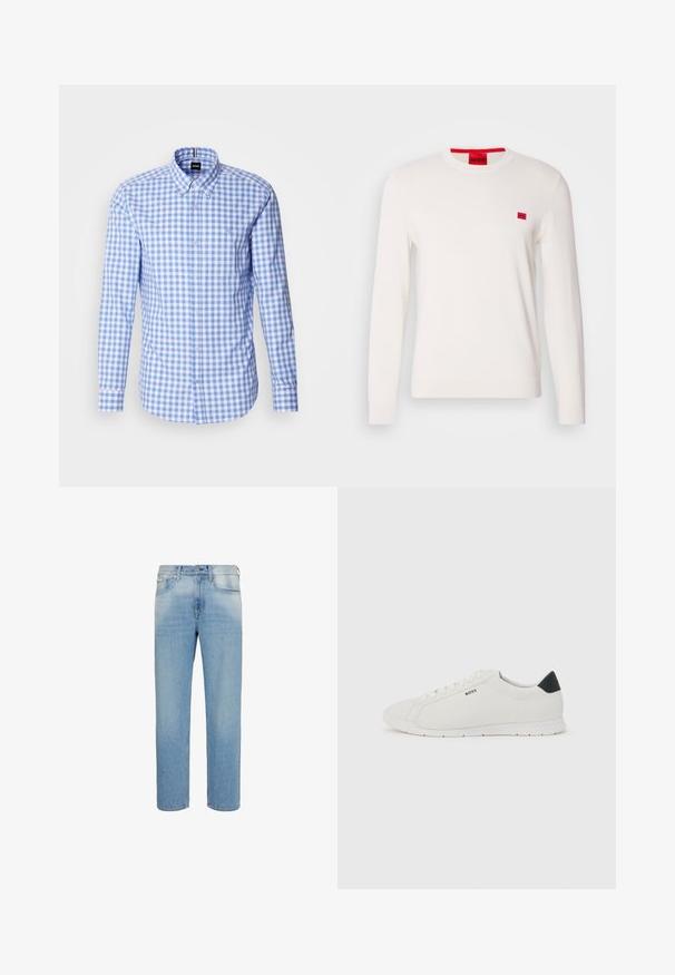 Witte crewneck sweater met lange mouwen, gemaakt van zachte stof. Beschikt over een klein rood logo-label op de borst en een contrasterend rood label aan de halslijn.; Blauw en wit geruit overhemd met lange mouwen, knoop-onderkraag en geborduurd logo op de borst. Soepele katoenen stof.; Lichtblauwe denim jeans met rechte pijpen, voorzakken, riemlussen en knoopsluiting, afgebeeld tegen een witte achtergrond.; Witte lage sneaker met zwart hielstuk, witte veters en een "BOSS"-logo aan de zijkant, afgebeeld tegen een effen lichte achtergrond.