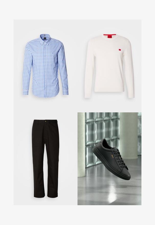 Suéter de cuello redondo blanco con mangas largas, hecho de un tejido suave. Presenta un pequeño parche de logo rojo en el pecho y una etiqueta contrastante roja en el cuello.; Camisa de patrón de cuadros azul y blanco con mangas largas, cuello abotonado y bordado del logo en el pecho. Material de algodón suave.; Pantalones de algodón negros con corte recto, presillas para el cinturón, cremallera frontal y un solo botón de cierre. Textura suave sin patrones visibles.; Zapatilla baja de piel negra con cordones negros y logo dorado BOSS en el lateral, flotando sobre un suelo gris brillante en un espacio interior moderno.