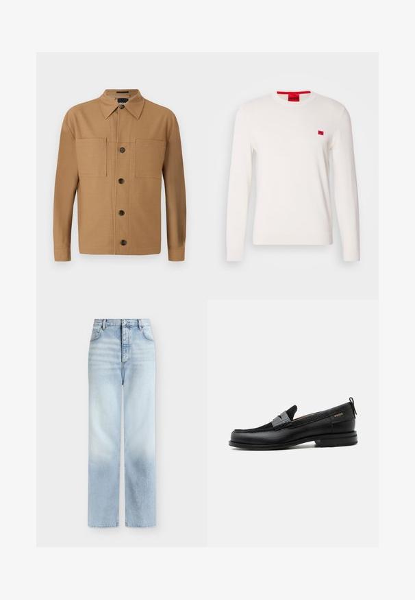 Suéter de cuello redondo blanco con mangas largas, hecho de un tejido suave. Presenta un pequeño parche de logo rojo en el pecho y una etiqueta contrastante roja en el cuello.; BOSS CRAIG - Camisa - medium beige; Vaqueros azul claro de talle alto y pierna recta con bolsillos delanteros, trabillas para cinturón y cierre de botón.; Mocasín de cuero negro con detalle de tira gris, tacón bajo y suela texturizada, con la marca "HUGO" en oro en el lateral.