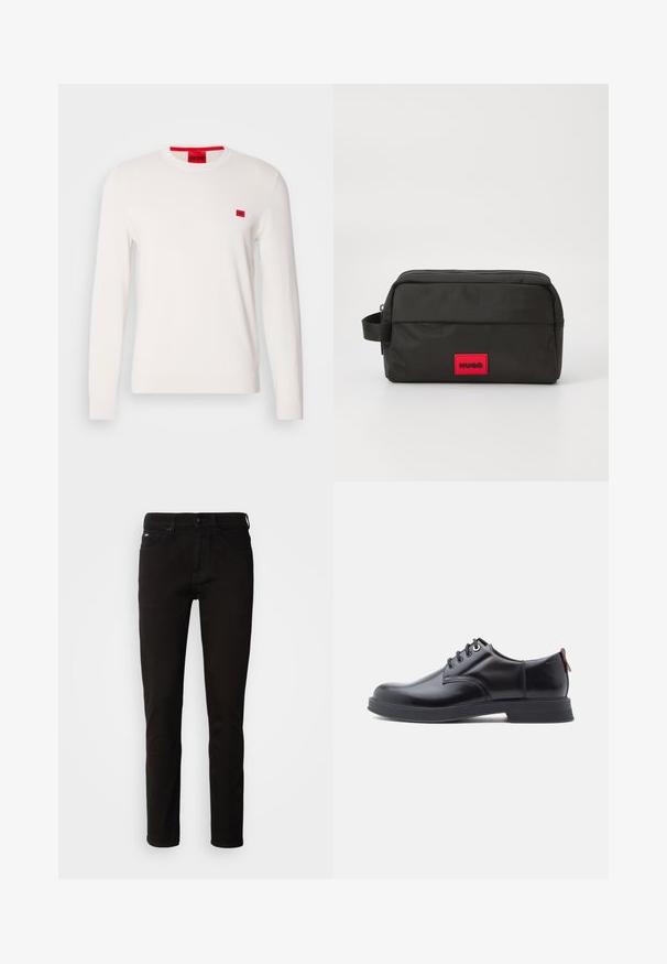 Weißer Rundhalsausschnitt-Pullover mit langen Ärmeln, aus weichem Stoff gefertigt. Verfügt über ein kleines rotes Logo-Patch auf der Brust und ein kontrastierendes rotes Etikett am Kragen.; Schwarze Denim-Jeans mit geradem Bein, Reißverschluss und einem Fünf-Taschen-Design. Der Stoff hat eine glatte Textur ohne sichtbare Muster.; Schwarze Leder-Schnürschuhe mit glatter Textur, rundem Zehenbereich und dezenten Ziernähten. Mit einem roten Laschenband an der Ferse.; Schwarz nylon Kulturbeutel mit einem oberen Reißverschluss, flachem Design, kleinem Griff und einem auffälligen roten rechteckigen Logo-Patch mit der Aufschrift "HUGO."