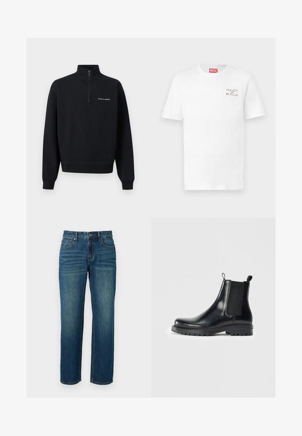 Schwarzer Pullover mit langen Ärmeln und Viertel-Reißverschluss, gerippte Bündchen und Saum, mit kleinem weißem "LYLE & SCOTT" Logo auf der linken Brust.; Weißes Baumwoll-T-Shirt mit kurzen Ärmeln, rundem Halsausschnitt und einem kleinen schwarzen "PROPERTY OF DIESEL" Aufdruck auf der linken Brustseite.; Dunkelblaue Denimjeans mit geradem Bein, die über fünf Taschen, Gürtelschlaufen und leichte Verfärbungen an den Oberschenkeln verfügen.; Schwarze Leder-Chelsea-Stiefel mit elastischen Seitenpaneelen, einer Schlaufe für einfaches Anziehen und einer robusten Gummisohle mit strukturiertem Grip.