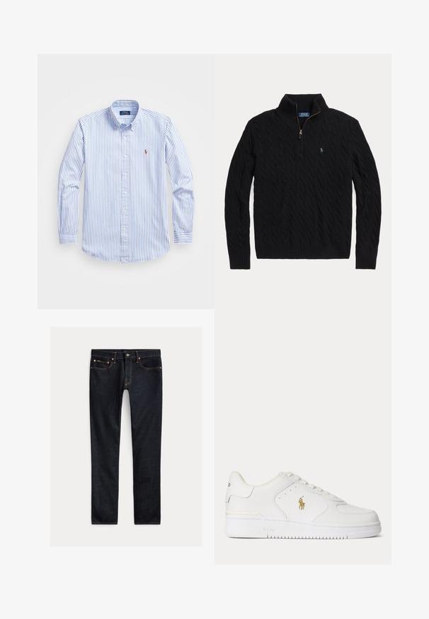Pull noir en maille torsadée à demi-fermeture éclair avec col, poignets et ourlets côtelés, comprenant un petit logo brodé sur la poitrine gauche.; Chemise boutonnée à rayures bleu clair et blanches, avec un col, des manches longues et un petit logo sur la poitrine. Matière en coton.; Jean slim bleu foncé avec cinq poches, fermeture à boutons et coutures contrastées, posé à plat sur un fond clair.; Baskets basses en cuir blanc avec lacets blancs et logo Polo Ralph Lauren doré sur le côté, avec "Polo" embossé sur la semelle.
