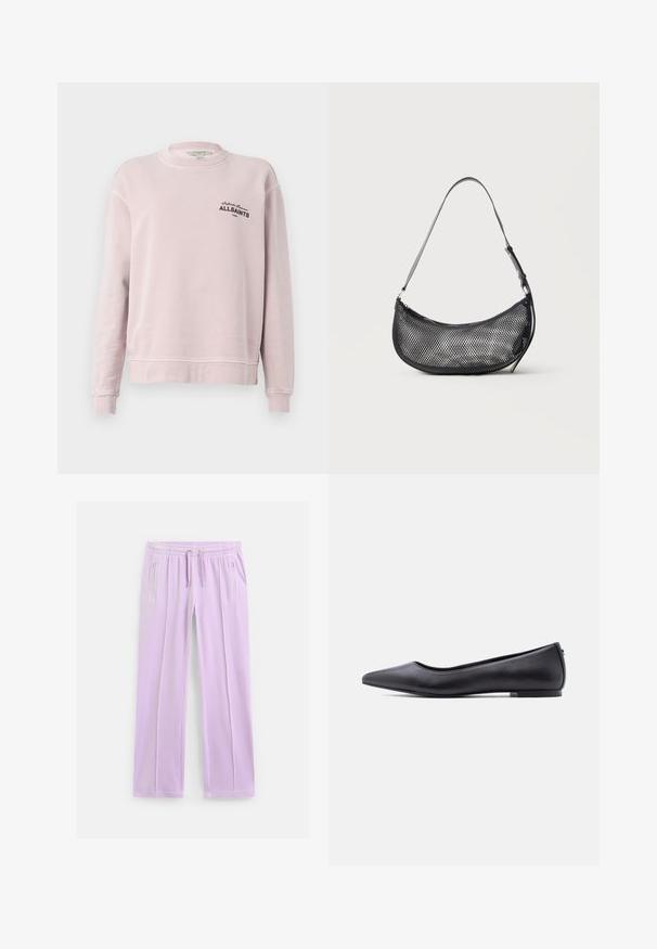 Lyserød langærmet sweatshirt med rund hals, ribkantede ærmegab og sort tekst "Infinite Summer ALLSAINTS London" på venstre bryst.; Lyse lilla sweatpants med lige ben, elastisk talje, justerbare snore og lynlåslommer i siderne.; Sort flad lædersko med spidst tåparti og lav hæl, vist i sideprofil mod en hvid baggrund.; Lille sort mesh skuldertaske i halvmåneform med justerbar tynd rem, sat mod en ensfarvet lys baggrund.