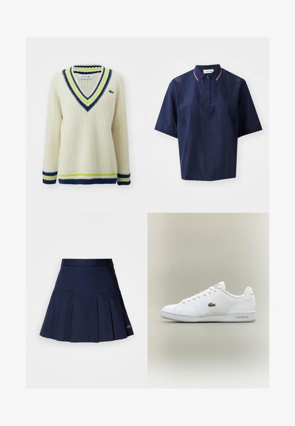 Krémový pletený sveter s dizajnom do V, s námorníckymi, limetkovými a bielymi pruhmi. Obsahuje malé logo Lacoste na hrudi.; Námornícky modrá polokošeľa s krátkym rukávom a gombíkovým zapínaním, kontrastný golier s červenými a bielymi akcentmi a perforované bočné panely pre lepšiu priedušnosť.; Námornícka plisovaná sukňa s priliehajúcim pásom, vyrobená z hladkého materiálu. Obsahuje malé logo Lacoste na leme.; Biele športové topánky vyrobené z syntetickej kože, s zeleným vyšitým logom krokodíla, šnurovací dizajn a minimalistický silueta.