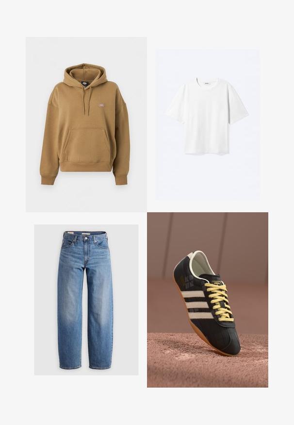 Brauner Pullover mit Kapuze, Front-Kängurutasche, Kordelzug an der Kapuze, gerippten Bündchen und Saum, mit einem kleinen Dickies-Logo-Patch auf der Brust.; Weißes T-Shirt mit kurzen Ärmeln und Rundhalsausschnitt mit geradem Saum, innen mit gebrandetem "WEEKDAY"-Label am Kragen.; Helleblaue, gerade geschnittene Jeans aus Denim. Merkmale ein klassisches Fünf-Taschen-Design und dezente Ausbleichungen entlang der Beine.; Schwarzer Sportschuh mit drei weißen Streifen, gelben Schnürsenkeln und einer strukturierten Oberfläche. Verfügt über ein geschwungenes Design und eine Gummisohle.