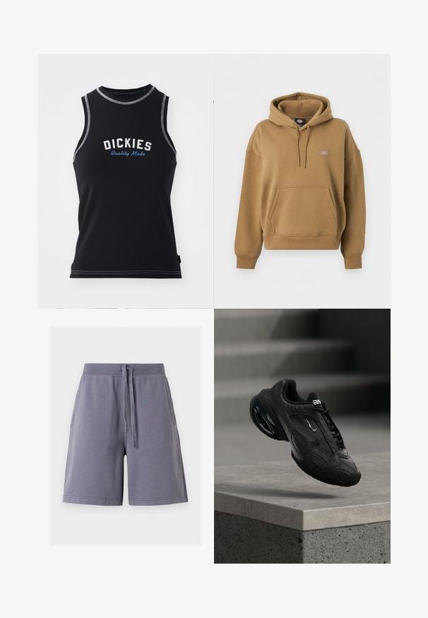 Brauner Pullover mit Kapuze, Front-Kängurutasche, Kordelzug an der Kapuze, gerippten Bündchen und Saum, mit einem kleinen Dickies-Logo-Patch auf der Brust.; Schwarzes ärmelloses Tanktop mit grauen Nähten. Mit dem "DICKIES"-Logo in Weiß und Blau. Aus einem glatten, dehnbaren Stoff.; Graue Freizeitsshorts mit elastischem Bund und Kordelzug, mit seitlichen Taschen und geradem Saum, vor weißem Hintergrund dargestellt.; Schwarzer Sportschuh mit strukturiertem Lederobermaterial, auffälligem Logo und gepolsterter Sohle. Mit abstrakten Mustern und glatten, abgerundeten Akzenten.