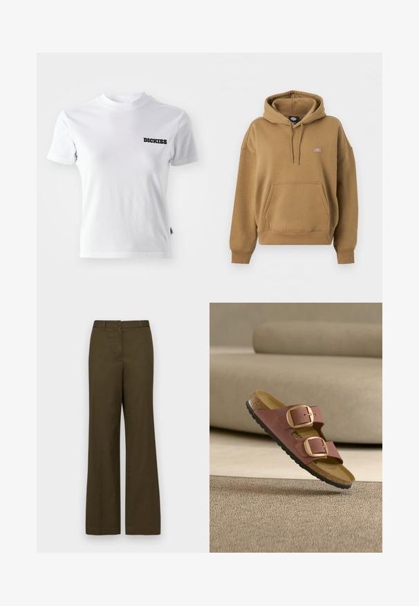 Ruskea hupullinen pusero, jossa etutasku, kiristysnauhalla varustettu huppu, resorit hihansuissa ja helmassa sekä pieni Dickies-logo rintataskussa.; Valkoinen lyhythihainen T-paita, joka on valmistettu puuvillasta, pyöreäkauluksinen ja jossa on musta "DICKIES"-logo vasemmassa rintataskussa. Sujuva pinta ja istuva muotoilu.; Olivi vihreät, leveälahkeiset housut, jotka on valmistettu puuvillasekoitekankaasta. Ominaisuuksiin kuuluu etunappi sulkeminen, vyönlenkit ja kaksi sivutaskua.; Ruskea sandaali, jossa on kaksi suurta kultalukkoa ja korkkipohja, leijuu teksturoidun beigen maton yllä minimalistisessa huoneessa.
