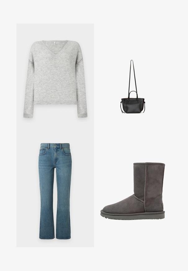 Grå v-hals sweater lavet af blødt materiale, med en afslappet pasform og prydet med små sølvfarvede pailletter over hele stoffet.; Lysblå flagrende jeans lavet af denim, med fem lommer, en frontknaplukning og subtil fading for tekstur.; Grå ruskinds ankelstøvle med en rund tå, lodrette sømdetaljer og en flad gummisål. Har et enkelt, uudsmykket design.; Sort læderhåndtaske med to håndtag, en lang justerbar skulderrem og snøredetaljer på hver side.