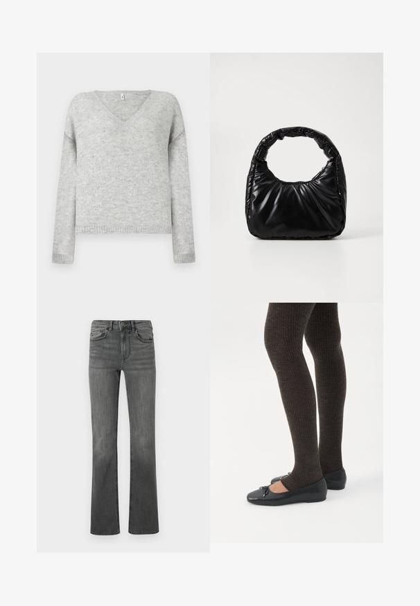 Pull gris en V en matériau doux, avec une coupe décontractée et agrémenté de petits sequins argentés sur tout le tissu.; Jeans évasés en denim gris foncé avec une taille haute, cinq poches et une fermeture à un bouton. Texture lisse avec un léger délavage.; Jambes portant des leggings côtelés foncés associés à des ballerines noires avec de petits détails en nœud sur fond blanc.; Sac à main noir rembourré avec une poignée arrondie, présentant une surface lisse et brillante ainsi qu'une texture douce et matelassée. Pas de quincaillerie ou d'accents visibles.