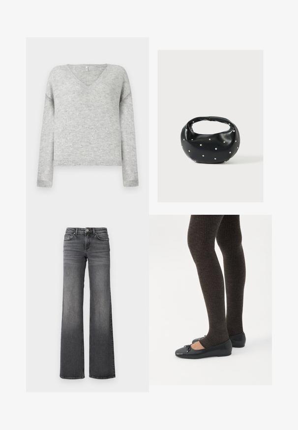 Pull gris en V en matériau doux, avec une coupe décontractée et agrémenté de petits sequins argentés sur tout le tissu.; Jean en denim gris foncé à jambe droite avec une légère décoloration sur les cuisses et un design standard à cinq poches sur fond blanc.; Jambes portant des leggings côtelés foncés associés à des ballerines noires avec de petits détails en nœud sur fond blanc.; Sac à main en cuir noir de forme arrondie, décoré de clous argentés et équipé d'une poignée courte. Texture lisse et fermeture éclair.