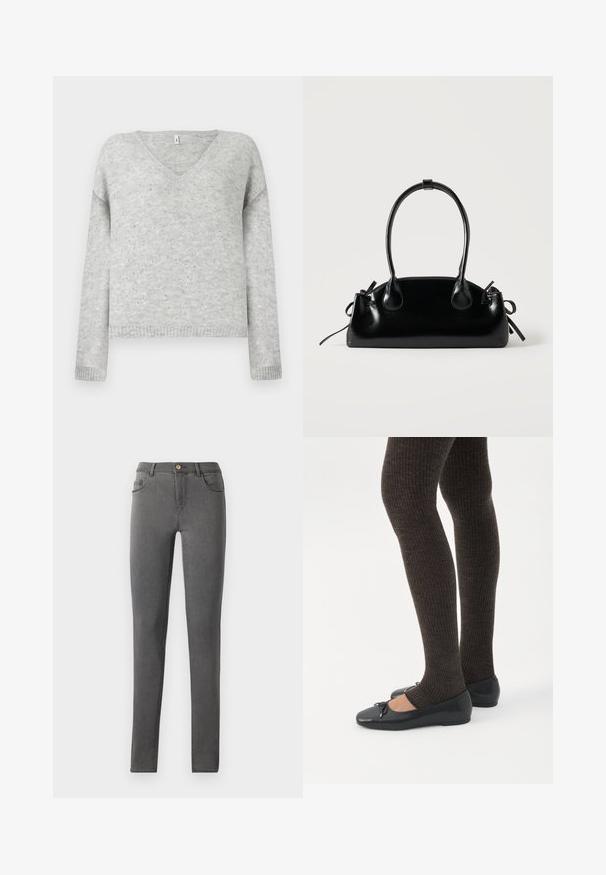 Grå v-hals sweater lavet af blødt materiale, med en afslappet pasform og prydet med små sølvfarvede pailletter over hele stoffet.; Grå denim skinny jeans med en tætsiddende pasform, fem lomme stil og en enkelt metalknaplukning i taljen.; Ben iført mørke ribbede leggings kombineret med sorte balletsko med små sløjfedetaljer på hvid baggrund.; Lille sort blank håndtaske med to lange håndtag og snøre-detaljer i siden på en ensfarvet lys baggrund.