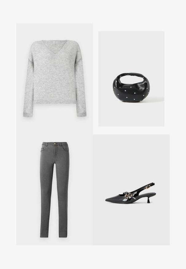 Pull gris en V en matériau doux, avec une coupe décontractée et agrémenté de petits sequins argentés sur tout le tissu.; Jean skinny en denim gris avec une coupe ajustée, style cinq poches et une fermeture à bouton métallique unique au niveau de la taille.; Talons slingback en cuir verni noir avec un bout pointu, deux brides comprenant des boucles dorées, et un petit talon kitten. Texture lisse.; Sac à main en cuir noir de forme arrondie, décoré de clous argentés et équipé d'une poignée courte. Texture lisse et fermeture éclair.