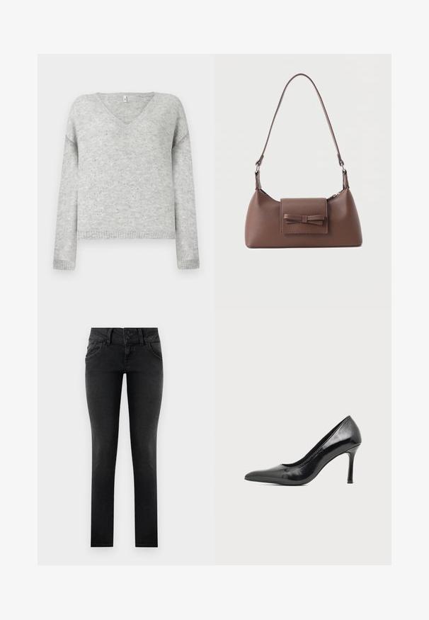 Grå v-hals sweater lavet af blødt materiale, med en afslappet pasform og prydet med små sølvfarvede pailletter over hele stoffet.; Sorte denim skinny jeans med en to-knaps talje, frontlommer og en glat, tekstureret overflade. Standard snit, hel længde design.; Sort laklæder damestilet med spids tå og slank hæl på en ensartet lys baggrund.; Brun skuldertaske i læder med en frontlomme med klap, der har en sydd sløjfedetalje, og en justerbar rem.