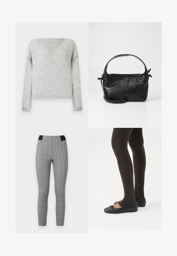 Grå v-hals sweater lavet af blødt materiale, med en afslappet pasform og prydet med små sølvfarvede pailletter over hele stoffet.; Grå ternede leggings med en tætsiddende pasform, der har en sort elastisk talje og sidelommer. Tekstureret stof med et ternet mønster.; Ben iført mørke ribbede leggings kombineret med sorte balletsko med små sløjfedetaljer på hvid baggrund.; Sort læderhåndtaske med et struktureret design, rund tophåndtag og aftagelig skulderrem. Den har en glat tekstur og en subtil glans.