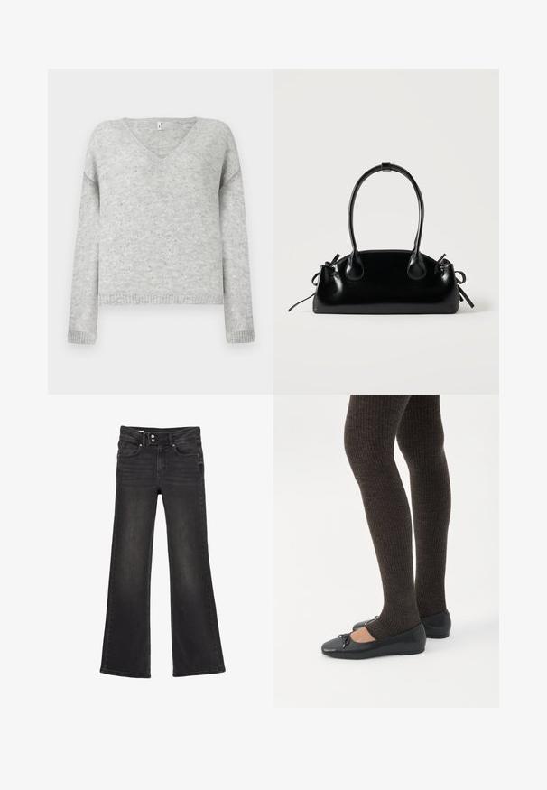 Pull gris en V en matériau doux, avec une coupe décontractée et agrémenté de petits sequins argentés sur tout le tissu.; Jean noir taille haute évasé avec fermeture double bouton et poches avant, montrant un subtil effet délavé sur les cuisses.; Jambes portant des leggings côtelés foncés associés à des ballerines noires avec de petits détails en nœud sur fond blanc.; Petit sac à main noir brillant avec deux longues anses et des détails à cordon sur les côtés sur un fond clair uni.