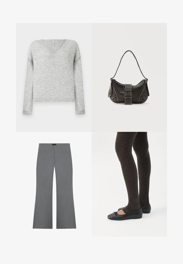 Pull gris en V en matériau doux, avec une coupe décontractée et agrémenté de petits sequins argentés sur tout le tissu.; Pantalons gris évasés avec une texture lisse, dotés d'une taille haute et d'un design épuré. Aucune motif visible ni détails en métal.; Jambes portant des leggings côtelés foncés associés à des ballerines noires avec de petits détails en nœud sur fond blanc.; Sac à épaule en cuir noir avec une sangle à boucle, des bords arrondis et des coutures blanches contrastées sur un fond uni.