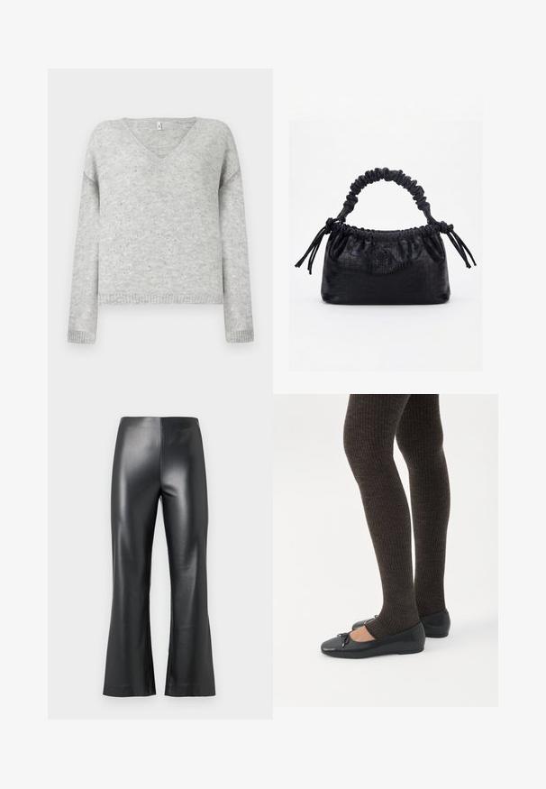 Pull gris en V en matériau doux, avec une coupe décontractée et agrémenté de petits sequins argentés sur tout le tissu.; Pantalon en simili cuir noir avec une coupe évasée, présentant une texture lisse et brillante ainsi qu'une taille haute. Apparence simple et élégante.; Jambes portant des leggings côtelés foncés associés à des ballerines noires avec de petits détails en nœud sur fond blanc.; Sac à main noir avec texture crocodile, bord supérieur froncé, poignée plissée et pompons à cordon de chaque côté sur fond blanc.